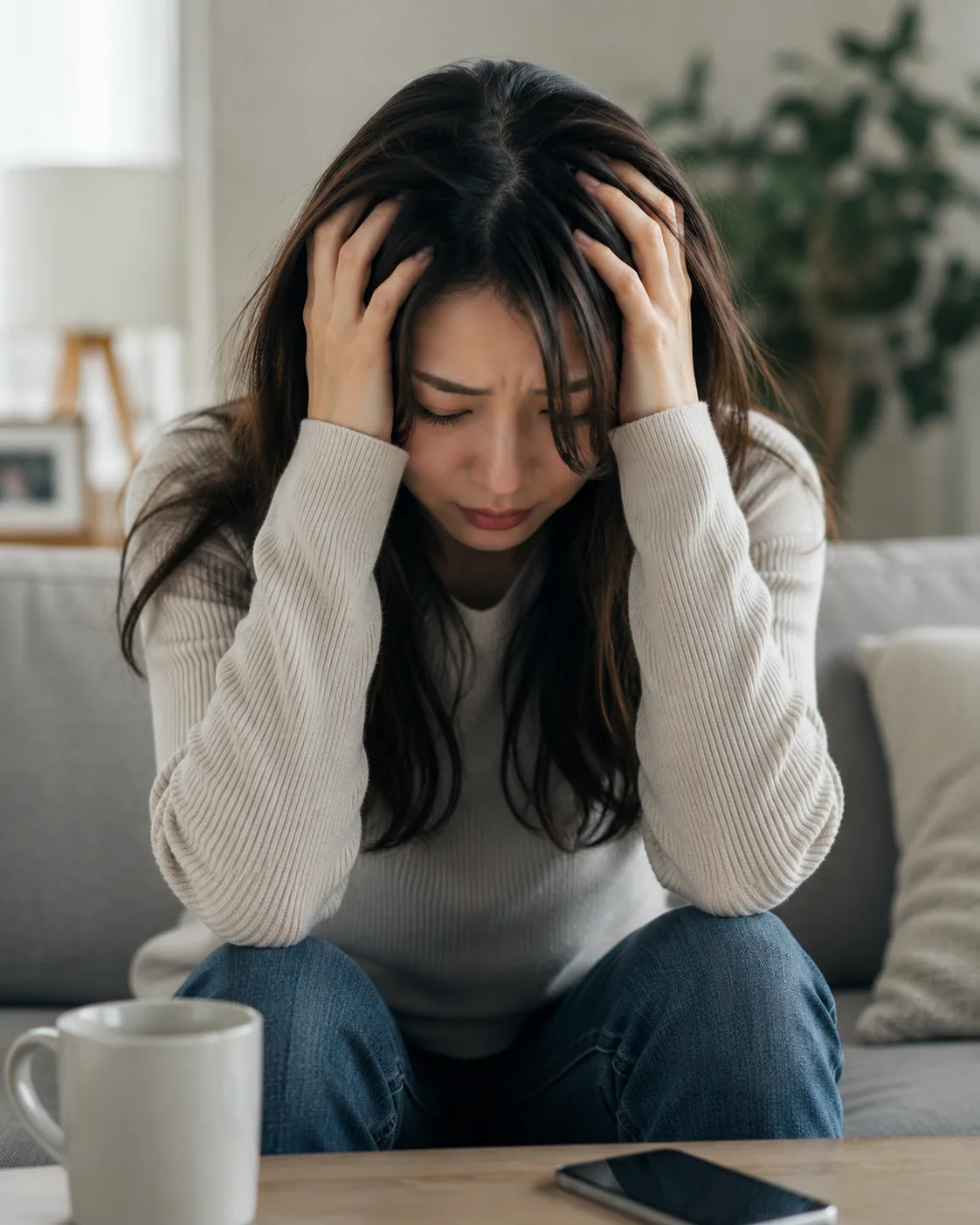 ソファに座り、ひとりで思い悩んでいる女性