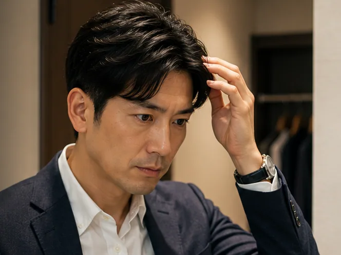 鏡の前で身だしなみを整えている男性