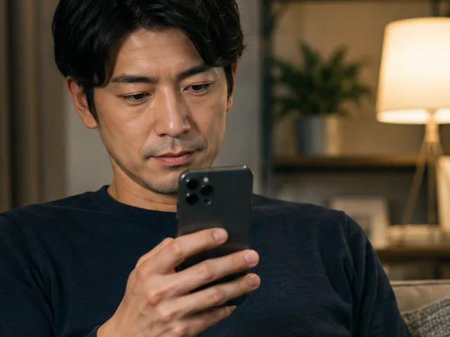 ソファでスマートフォンを見ている男性
